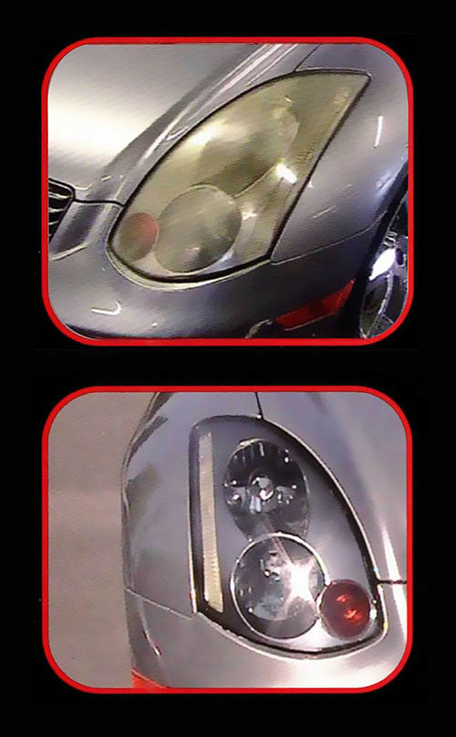 Light -Rite Headlight Restoration Kit before and after application. Restores like new crystal clarity improves headlight night time visibility