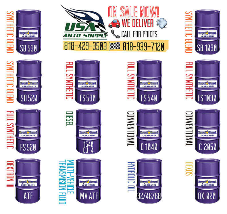 USA Auto Supply bulk oil 55-gallon drum delivery selection of Royal Guard Lubricants. Featuring full synthetic, synthetic blend, conventional, and dexos motor oils in grades SB 5W-30, SB 10W-30, SB 5W-20, FS 5W-30, FS 5W-40, FS 10W-30, FS 5W-20, diesel 15W-40 CJ-4, C 10W-40, C 20W-50, and DX 0W-20, alongside Dextron III ATF, Multi-Vehicle transmission fluid, and 32/46/68 hydraulic oil. Includes free commercial delivery and free pump service