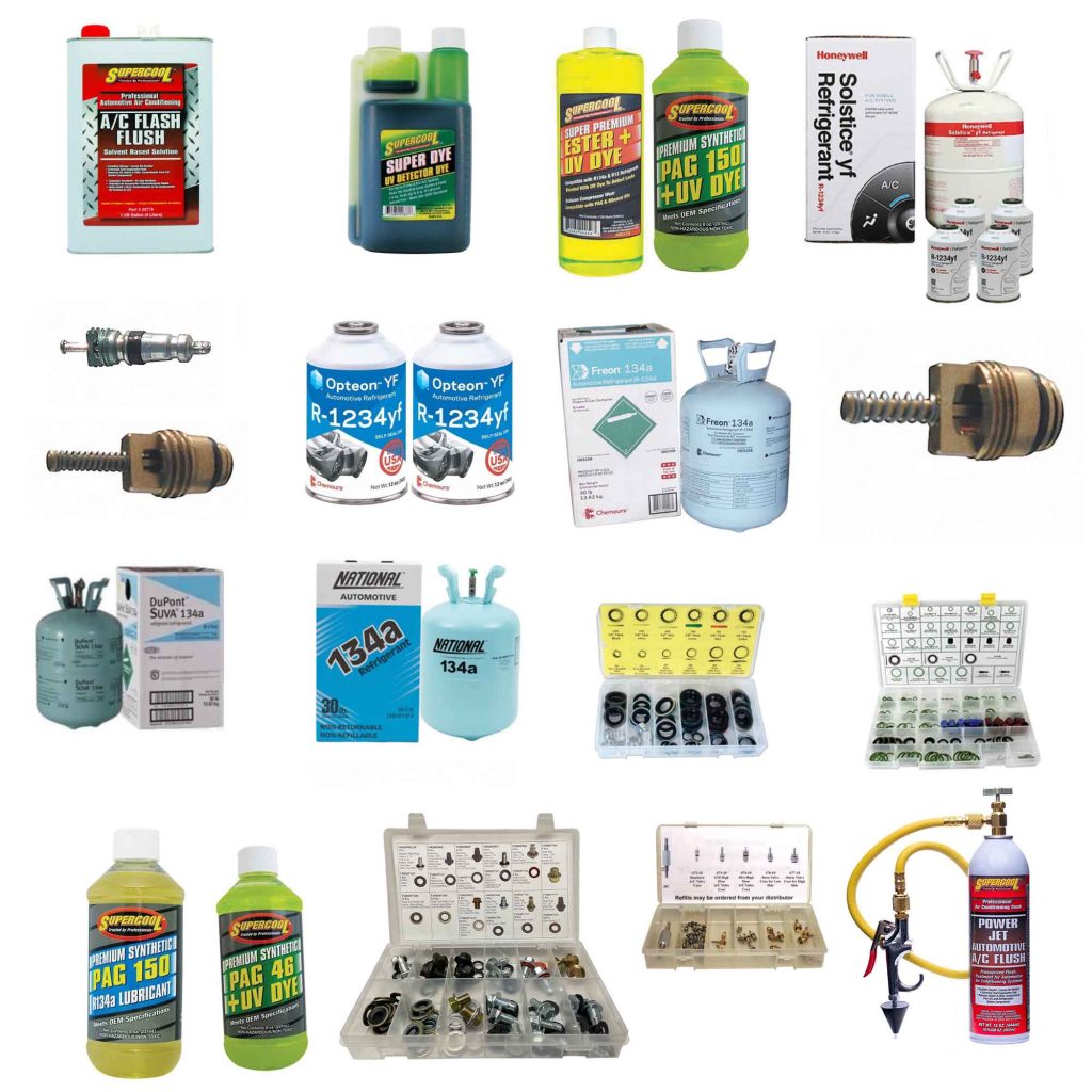 Essential automotive AC service and maintenance supplies for autoshops, including Supercool A/C Flash Flush, Super Dye UV leak detector, Ester and PAG 150/46 lubricants, Honeywell Solstice yf refrigerant, Opteon YF R-1234yf cans, Freon 134a, DuPont SUVA 134a, National 134a refrigerant cylinders, o-ring and gasket assortment kits, AC valve cores, and a Power Jet automotive A/C flush kit with spray gun