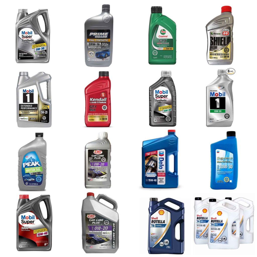 Bulk motor oil inventory including Mobil 1 synthetic quarts, Mobil Super Synthetic jugs, Mobil 5000, Castrol motor oil, Chevron Delo, Shell, Quaker State, Bel-Ray high-performance lubricants, Prime Guard, Chevron, CMJ, Car Lube Plus, Kendal, and 76 engine oils
