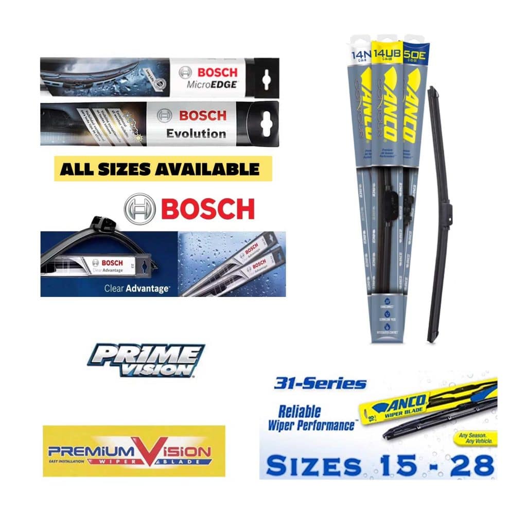 Bulk inventory of wholesale windshield wiper blades in all sizes from USA Auto Supply, featuring high-end Bosch Evolution beam blades, Bosch Micro Edge conventional blades, Bosch Clear Advantage bracketless wipers, as well as affordable Anco 31-series, Premium Vision, and Prime Vision wiper blades.