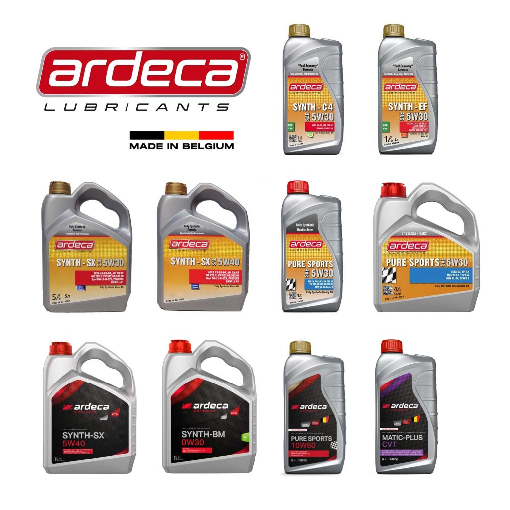 Bulk display of Ardeca professional-grade Belgian lubricants and motor oils in 1-liter bottles, featuring Ardeca pure sports fully synthetic motor oil, Ardeca synth-sx, Ardeca synth-b, Ardeca matic-plus cvt fluid, and Ardeca PAO-based engine oils, distributed by USA Auto Supply.