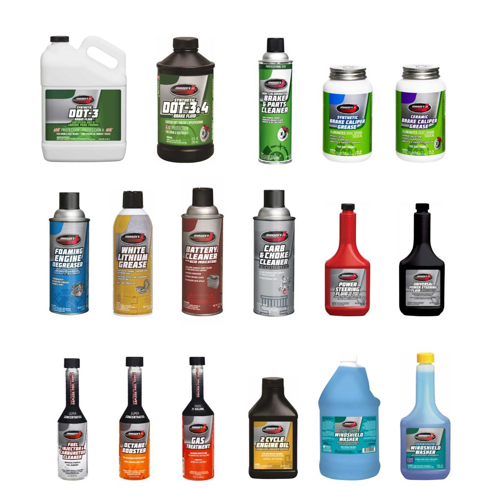 Bulk display of Johnsen’s professional-grade automotive fluids and aerosols, featuring Johnsen’s brake cleaners, Johnsen’s brake fluid gallons and quarts, Johnsen’s fuel treatments, Johnsen’s starter fluid, Johnsen’s 2-cycle, Johnsen’s power steering fluid, Johnsen’s synthetic and ceramic brake caliper grease, distributed by USA Auto Supply.