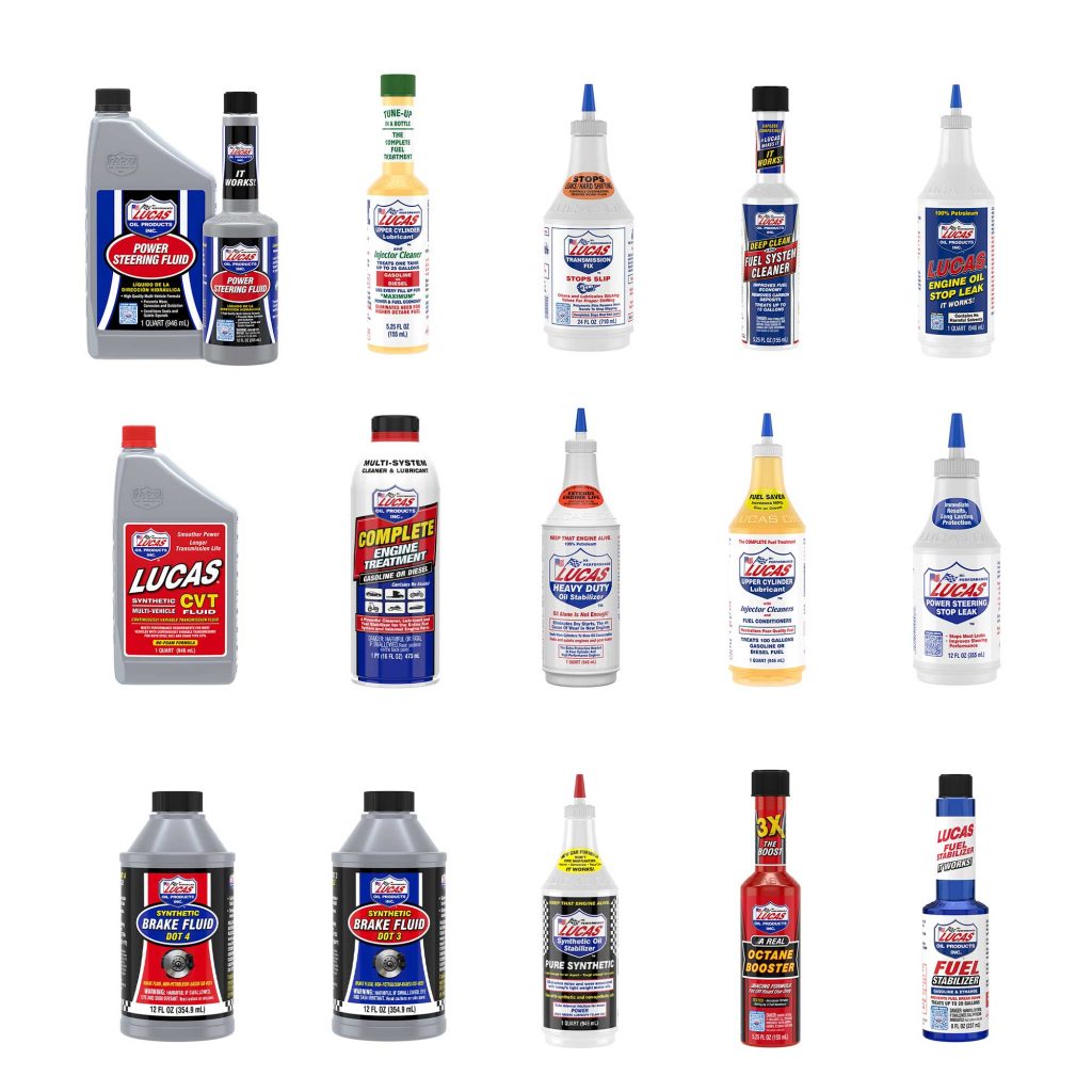 Bulk display of Lucas Oil professional-grade automotive additives and lubricants, featuring Lucas heavy duty oil stabilizer in quarts and gallons, Lucas fuel treatments, Lucas complete engine treatment, Lucas power steering stop leak, Lucas transmission fix, and Lucas brake fluid, distributed by USA Auto Supply.